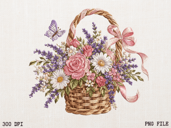 Embroidered Floral Basket PNG Cottage