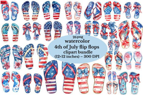 Watercolor 4th of July Flip Flops Clipart